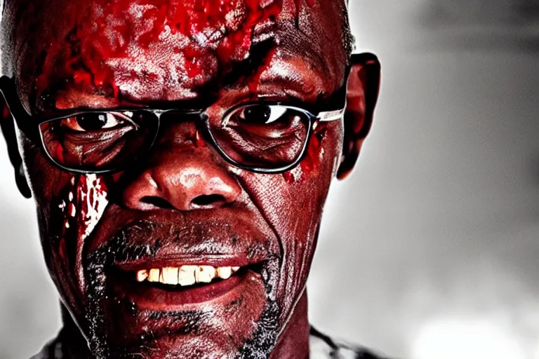 Prompt: samuel l. jackson as a zombie, blood, decay, cinematic lighting, portrait, medium shot, horror movie still