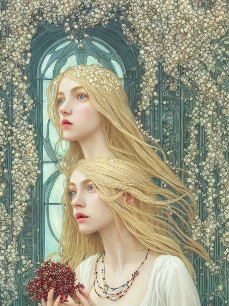 Prompt: blonde girl in white dress in beautiful window, necklace with a fruit seed ornament, ocean eyes, light freckles, incense smoke and flowers in the background, portrait, mucha, conceptart, medium shot, unreal, octane, symmetrical, photorealism.