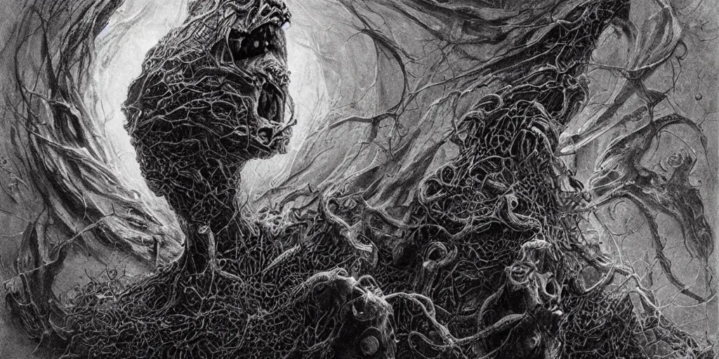Prompt: the walls became living, writhing, screaming horrors that had many eyes and fanged mouths - oozing black ichor from the void.. berserk. painting by jim burns, gustave dore, amanda sage and junji ito.