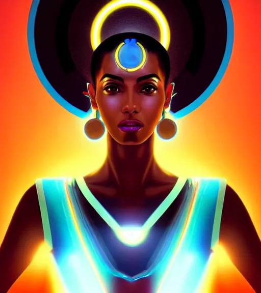 Image similar to symmetry!! egyptian goddess of technology, solid cube of light, hard edges, product render retro - futuristic poster scifi, lasers and neon circuits, brown skin beautiful egyptian goddess, intricate, elegant, highly detailed, digital painting, artstation, concept art, smooth, sharp focus, illustration, dreamlike, art by artgerm