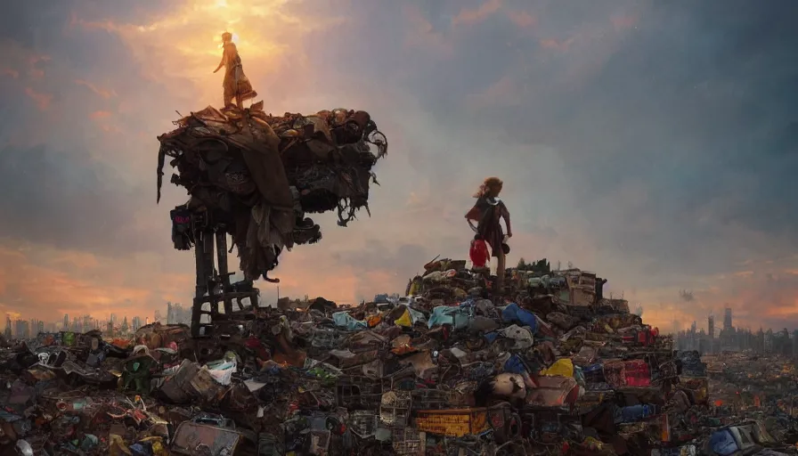 Prompt: kid standing on pile of cars on garbage dump, wasteland city, sunset sky, nostalgia feeling, greg rutkowski, alphonse mucha, trending on artstation, 4 k highly detailed art, digial art, karl schulschenk, dmitriy eremenkov