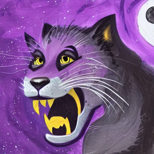 Image similar to closeup of a purple panther roaring at the moon in the forest. night. large moon in the center. detailed eyes. sharp teeth. cinematic. painting. concept art. rustic. gritty.