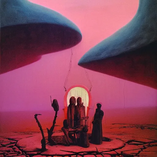Image similar to african moors in white robes building a steampunk portal near a pink lake by zdislaw beksinski and thomas blackshear and alex grey, oil on canvas, afrofuturism 8k