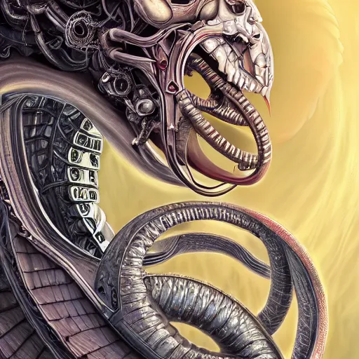 Image similar to biomechanical ouroboros, surrounded with neural networks, fantasy illustration, trending on artstation, deviantart, very realistic, 4k