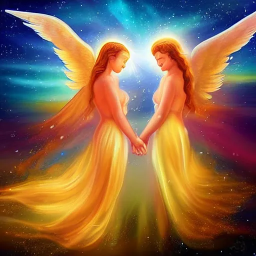 Prompt: Two celestial Angels ,warm colours celestial, divine,detailed, Digital art