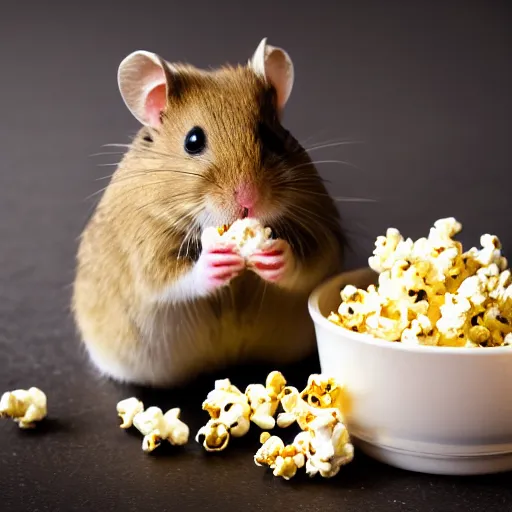 Prompt: photo of a hamster, full cheeks, eating popcorn from a bucket of popcorn, various poses, unedited, soft light, sharp focus, 8 k