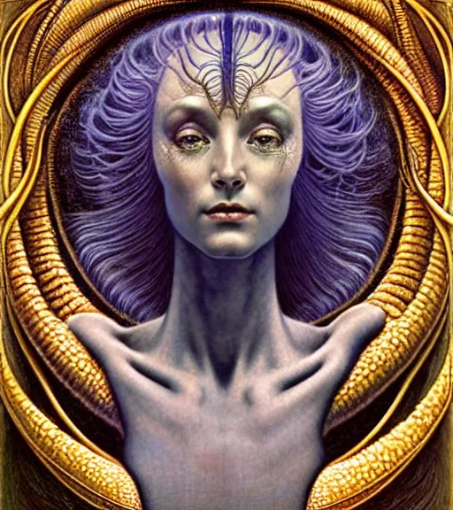 Image similar to detailed realistic beautiful young cher alien robot as queen of andromeda galaxy portrait by jean delville, gustave dore and marco mazzoni, art nouveau, symbolist, visionary, baroque, giant fractal details. horizontal symmetry by zdzisław beksinski, iris van herpen, raymond swanland and alphonse mucha. highly detailed, hyper - real, beautiful