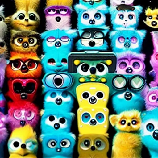 Image similar to Found footage of a room full of furbies staring at the camera. Some of them lack fur and are malfunctioning