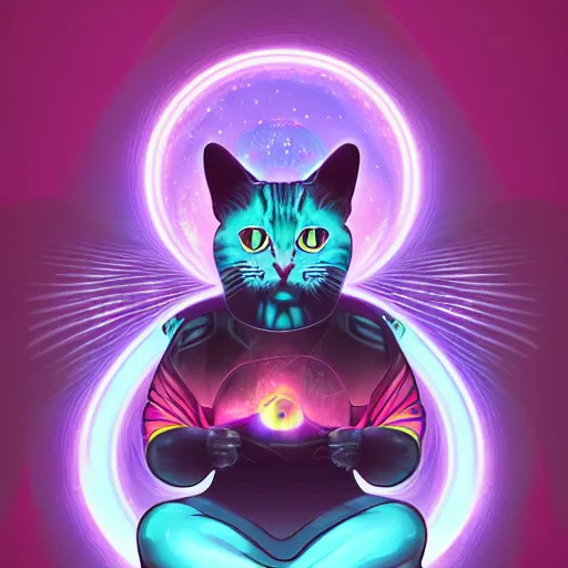 Prompt: interdimensional cat bodhisattva, magical synthwave digital art trending on artstation