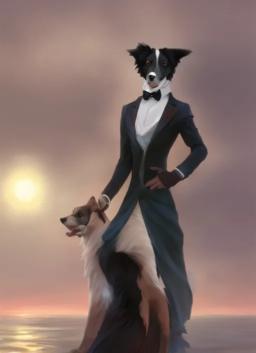 Image similar to wide angle beautiful full body portrait of a strong male anthropomorphic anthro border collie fursona in an evening gown on a pier on a lake at night, character design by charlie bowater, henry asencio, and ross tran, disney, detailed, aesthetic, trending on artstation, furaffinity, deviantart