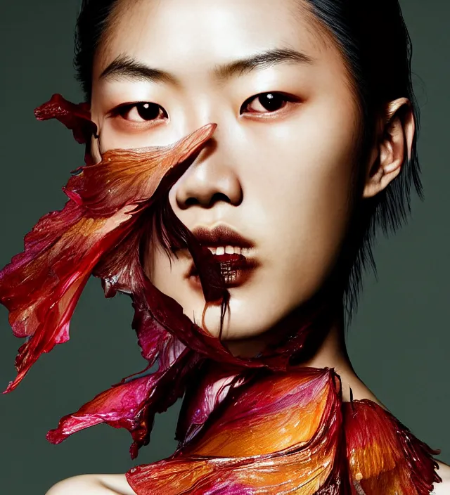 Image similar to photography facial portrait of liu wen, natural background, sensual lighting, natural fragile pose, wearing stunning cape by iris van herpen, with a colorfull makeup. highly detailed, skin grain detail, photography by paolo roversi, nick knight, helmut newton, avedon, araki