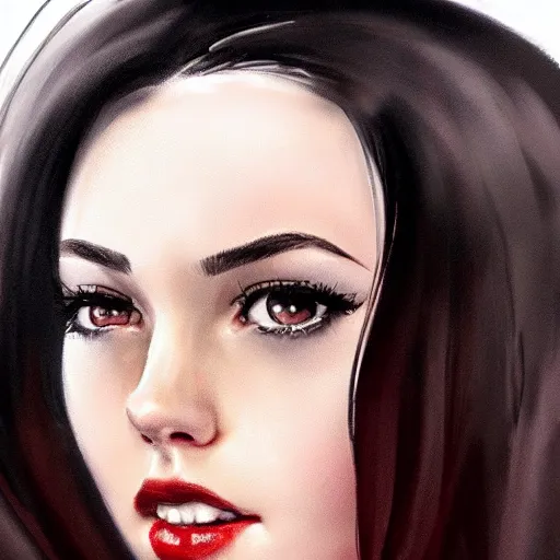 Image similar to a realistic illustration portrait of a beautiful cute girl with wavy black red hair, a pointy nose and, round chin black eyeliner, trending on artstation, intricate sift lighting, realistic