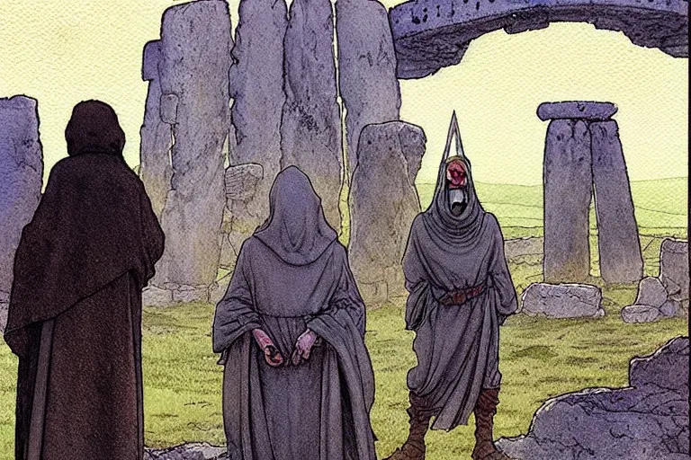 Image similar to a realistic and atmospheric watercolour fantasy concept art of a dirty medieval monk in grey robes pointing to the sky in stonehenge. a ufo is in the sky. by rebecca guay, michael kaluta, charles vess and jean moebius giraud