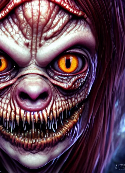 Image similar to an ugly monsterish horrifying slimy scottish female photo, professionally, soft lighting, realistic, sharp focus on eyes, 8 k, high definition, insanely detailed, intricate, elegant, art by artgerm and junji ito. science fiction movie wide screen still from action scene.