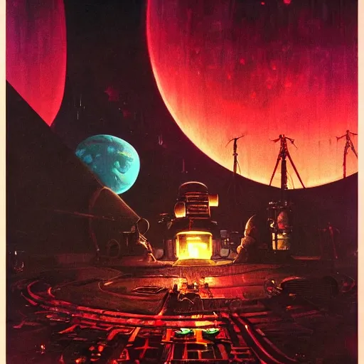 Image similar to a dark and colorful close - up of a sci - fi moon base with led lights glowing fog in the background. highly detailed science fiction painting by norman rockwell, frank frazetta, and syd mead. rich colors, high contrast, gloomy atmosphere, dark background. trending on artstation