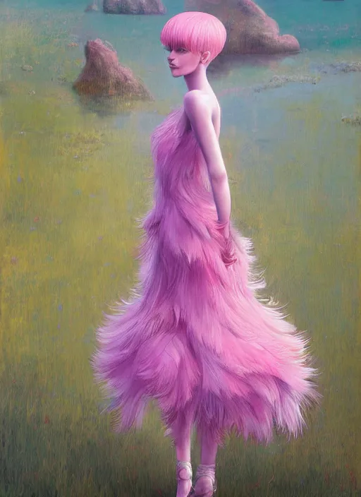 Image similar to beautiful young girl with an pink eccentric haircut wearing an dress made of feathers, artwork made by ilya kuvshinov, inspired in donato giancola, hd, ultra realistic, reflection, stage