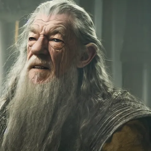 Prompt: the evil ian mckellen as gandalf in a dark viking hood playing odin all father from the thor movie crafting a neural network with synapses on an anvil, highly detailed, cinematic shot, cinematic lighting, 8 k, exquisit facial detail