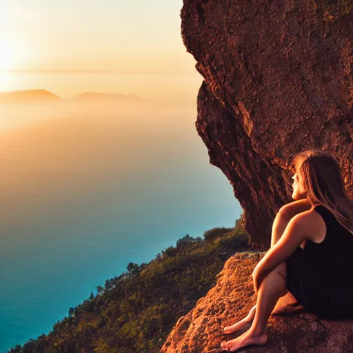 Image similar to a woman sitting on the edge of a cliff watching the sunset