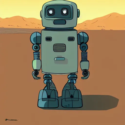 Image similar to a study of cell shaded cartoon of a robot dancing on a desert road, full body, wide shot, very muted colors, post grunge, studio ghibli, laurie greasley, highly detailed, deviantart, art by artgem