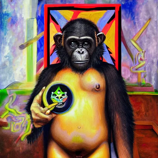 Image similar to portre of an autistic demonic chimpanzee on acid, masonic and kabalistic symbols in background, oil painting