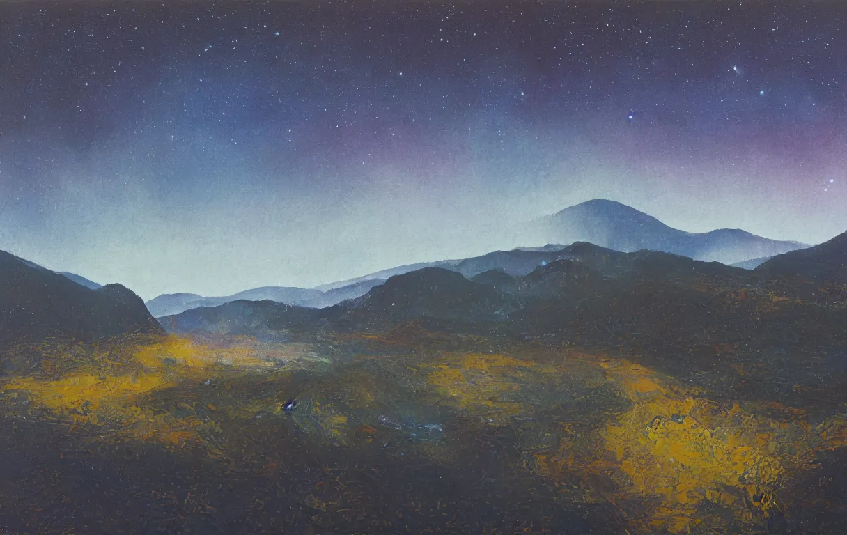 Image similar to Realist colorful impasto painting of the Salmon River mountain valley at midnight by John Harris, stars in the inky black sky reflect on the darkest blue river surface, 4k scan, very beautiful, oil on canvas, visible diagonal brushstrokes