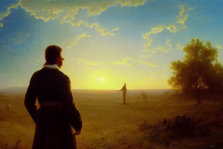 Prompt: a time traveler looking at the clouds, very detailed, oil painting, cinematic lighting, albert bierstadt, trending on artstation, colorful, canvas, sunset, hans dahl