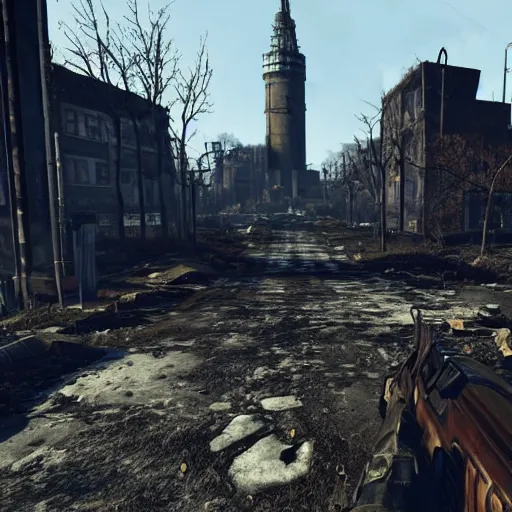 Image similar to copenhagen in ruins post - nuclear war in fallout 4, in game screenshot