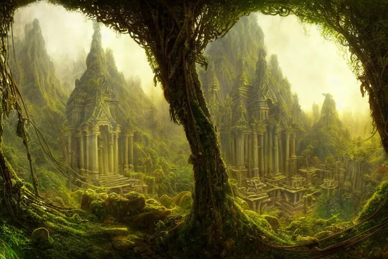 Image similar to a beautiful and highly detailed matte painting of a lost temple in a mystical forest high in the mountains, psychedelic, celtic, intricate details, epic scale, insanely complex, 8 k, sharp focus, photorealism, artstation, cgsociety, by caspar friedrich, albert bierstadt, james gurney, brian froud,