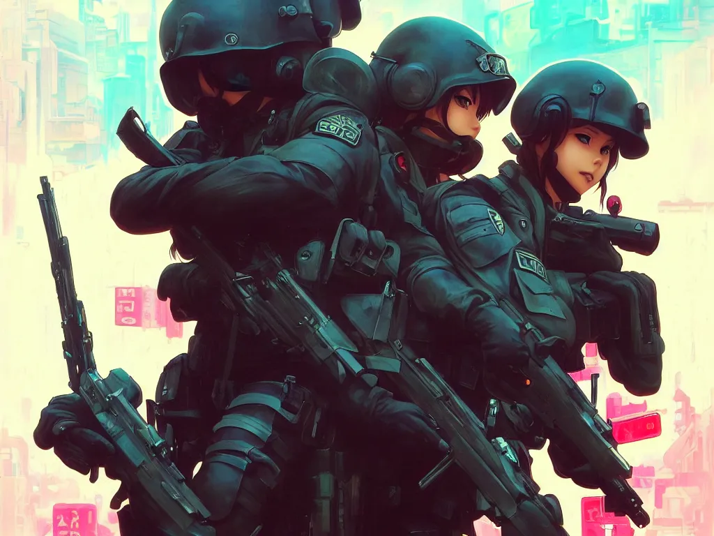 Image similar to anime key visual of a young female swat officer fighting male blood hound, neon, cyberpunk, futuristic, stunning, highly detailed, digital painting, smooth, soft focus, illustration, movie poster, japanese typography, digital art from artstation by artgerm and greg rutkowski and alphonse mucha