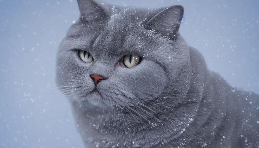 Image similar to british shorthair cat in the snow covered by snow, sunlight, volumetric light, hyperdetailed, artstation, cgsociety, 8 k