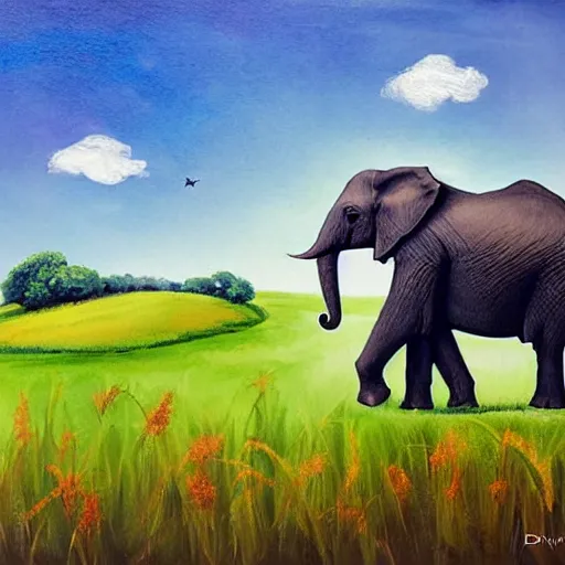 Prompt: an elephant on a green meadow art by Davis Marc Disney