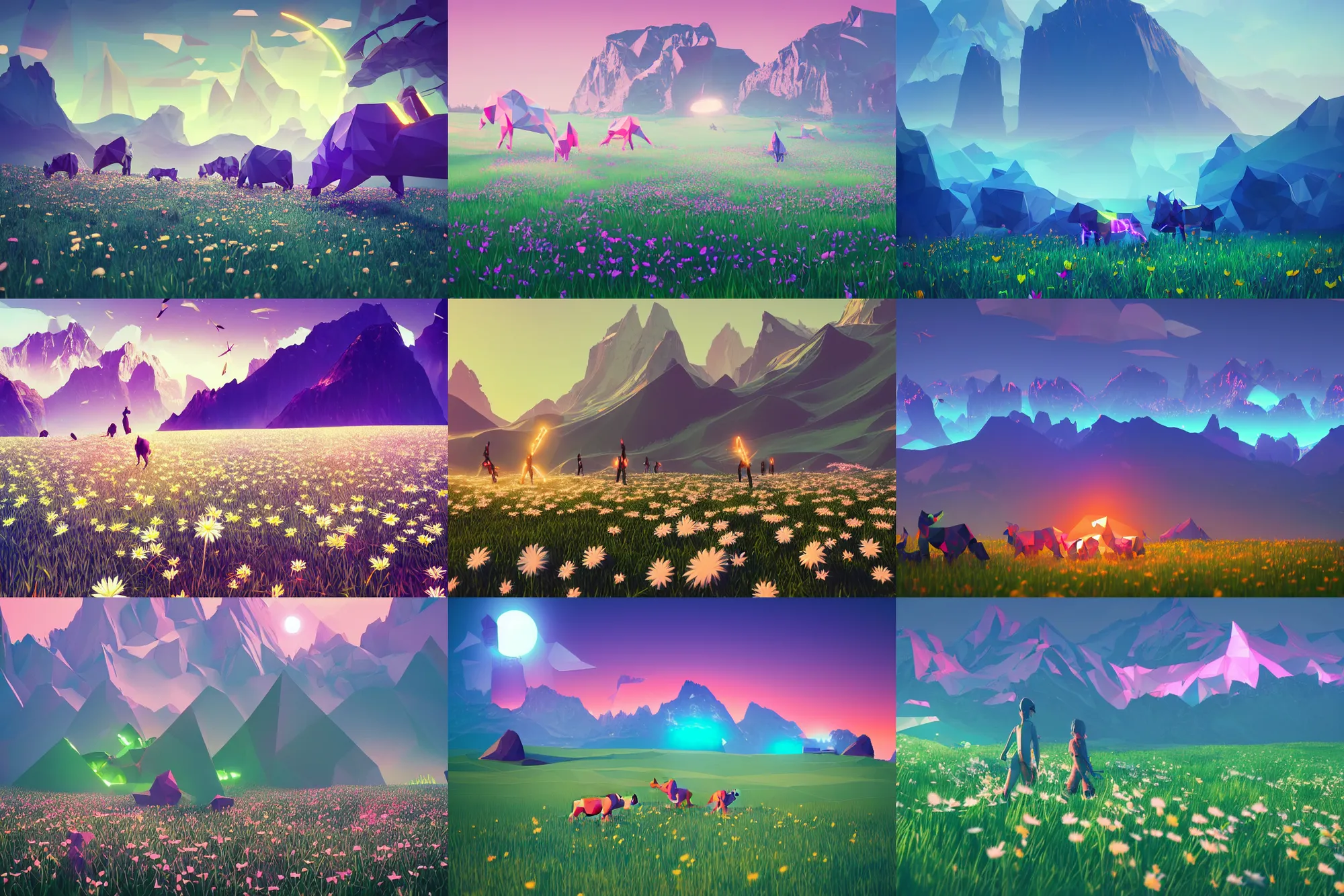 Prompt: lowpoly ps 1 playstation 1 9 9 9 glowing neon behemoths standing in a field of daisies, swiss alps in the distance digital illustration by ruan jia on artstation