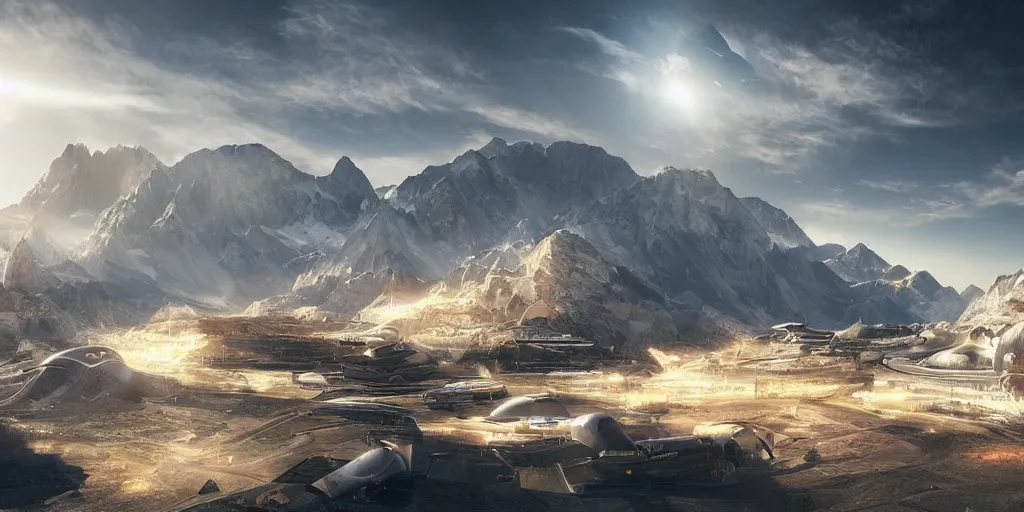 Image similar to a beautiful view of a spaceport in the alps, matte painting, cinematic lighting, hyper - detailed, 4 k, scifi