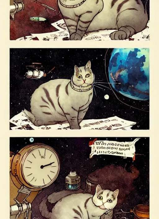 Image similar to a hyper realistic ink cat in a spaaceship 6 panel comic by chiara bautista and norman rockwell and greg rutkowski weta studio, and lucasfilm