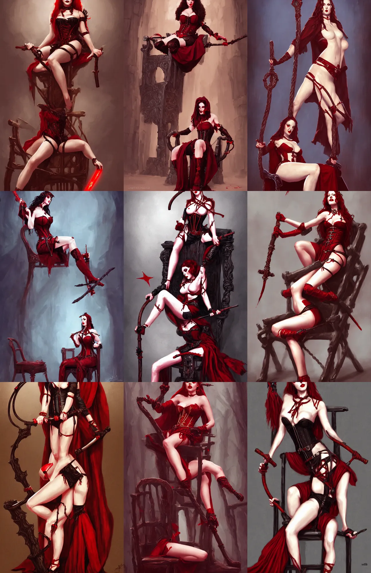 Prompt: beautiful priestess of loviatar, holding a nine stranded whip, blood red lips, wearing corset, dominant pose with leg on a chair, digital art inspired by brom art and artstation