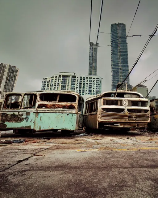 Image similar to wide angle shot of dilapidated fallout 5 miami, tropical coastal city, desolate, dilapidated, some rusted retro futuristic vintage parked vehicles like cars, buses, trucks, trams, slight overcast weather, fog, volumetric lighting, photorealistic, daytime, autumn, sharp focus, ultra detailed,