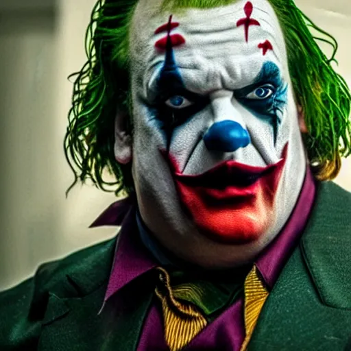 Image similar to stunning awe inspiring chris farley as the joker movie still 8 k hdr atmospheric lighting