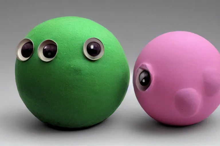 Prompt: cute spherical monsters representing fundamental particles, made of FIMO, by John Chamberlain