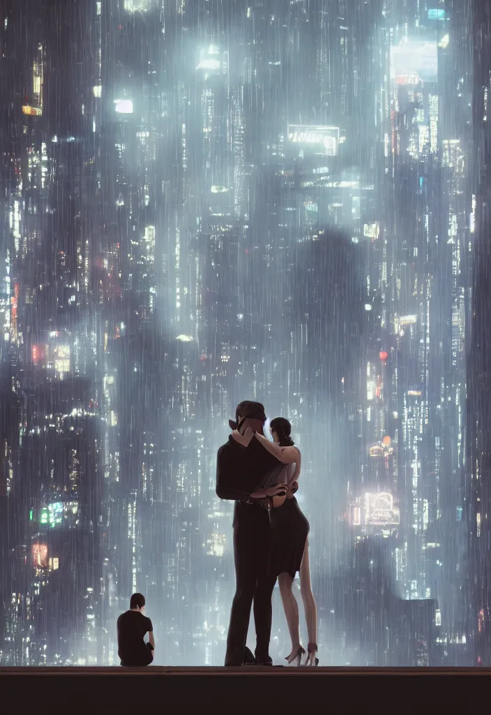 Image similar to she hug her husband that is sitting at his futuristic desk, lovely couple, blade runner style, hyper-realistic, octane render, realistic, real, sad, a couple consoling one another, strong woman, sad men, cinematic, 8k, very intricate, futuristic city behind the window, night