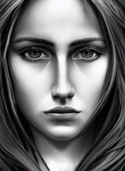 Image similar to up close portrait of a beautiful woman in black and white, photorealistic, intricate hair, art by diego fazio and diegoKoi and oscar Ukono, concept art, sharp focus, artgerm, 8k highly detailed