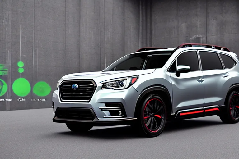 Image similar to a car and driver magazine photo shot, a souped up dark grey 2019 Subaru ascent heavily modified and customized as a performance tune street racing SUV, black rims, green trim accent, samurai vinyl wrap, cinematic lighting, art station, volumetric light, low angle camera, redshift render, octane render, art station