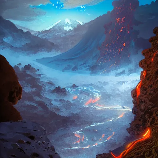 Image similar to a mountain range with a lava tiver flowing through it by akihito tsukushi, backlight, rim lighting, deep focus, d & d, fantasy, intricate, elegant, highly detailed, digital painting, artstation, concept art, matte, centered, sharp focus, illustration, hearthstone, art by artgerm, greg rutkowski and alphonse mucha