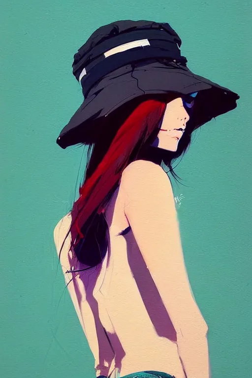 Image similar to a ultradetailed beautiful painting of a stylish girl wearing a bucket hat, by conrad roset, greg rutkowski and makoto shinkai trending on artstation