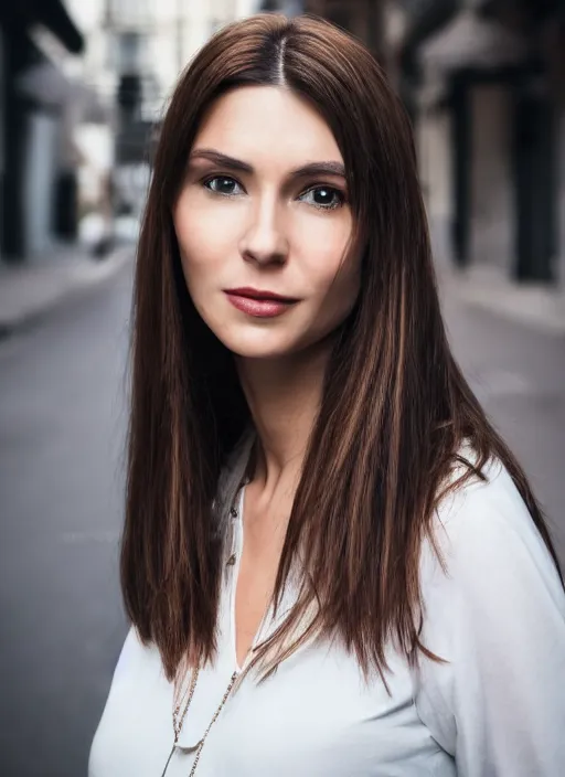 Image similar to color realistic Close-up portrait of a beautiful, stylish, 30-year-old French woman street background, with long, straight hair, street portrait in the style of Mario Testino 50mm