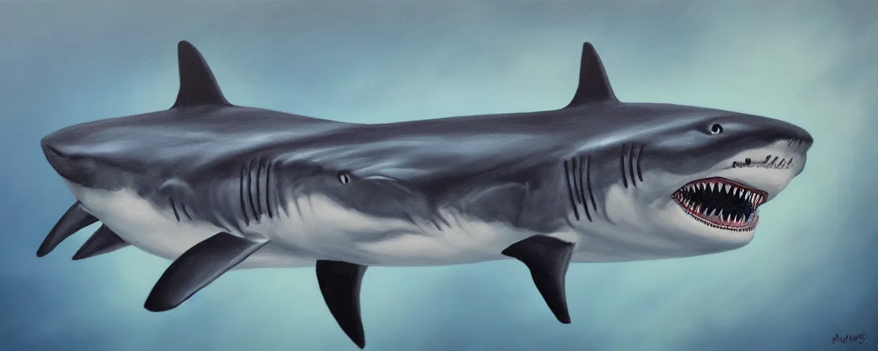 Image similar to anthropomorphic shark oil painting