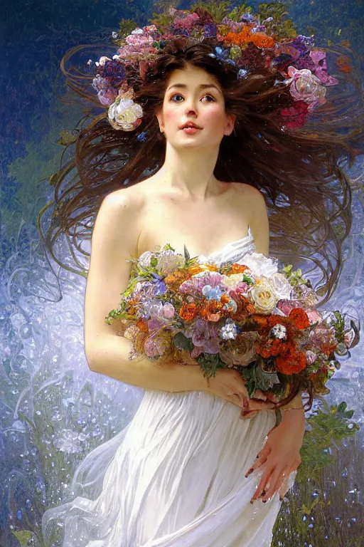 Image similar to portrait of a beautiful woman wearing a white dress, holding a bouquet of flowing flowers, drenched body, silver hair, wet dripping hair, emerging from the water, dark fantasy, regal, fractal crystal, fractal gems, by stanley artgerm lau, thomas kindkade, alphonse mucha, loish, norman rockwell