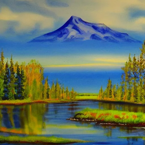 Prompt: finland, landscape painted by bob ross