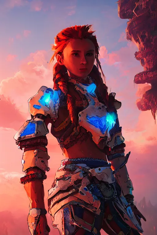 Image similar to combination suit armor aloy horizon forbidden west horizon zero dawn radiating a glowing aura global illumination ray tracing hdr fanart arstation by ian pesty and alena aenami artworks in 4 k tribal robot ninja mask helmet backpack