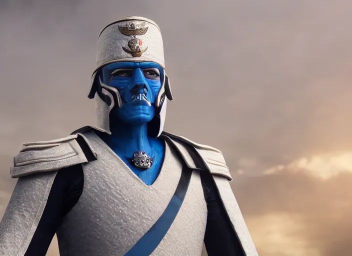 Image similar to menacing general wearing a white imperial general uniform, his skin is blue, ultra realistic, 4 k, movie still, uhd, sharp, detailed, cinematic, render, modern