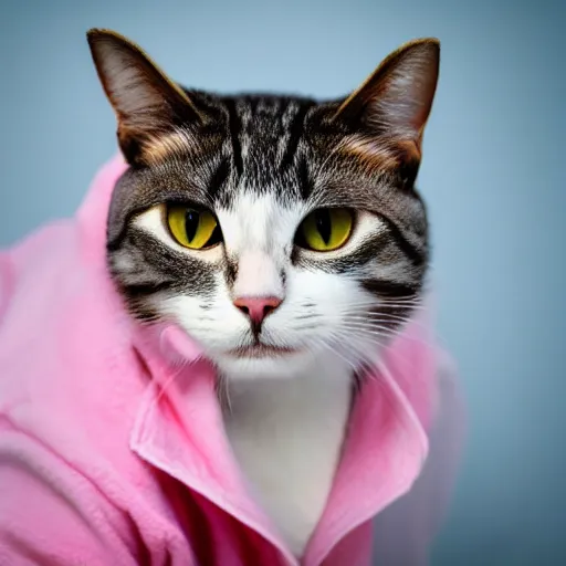 Prompt: high quality photograph of a cat wearing a beautiful pink robe